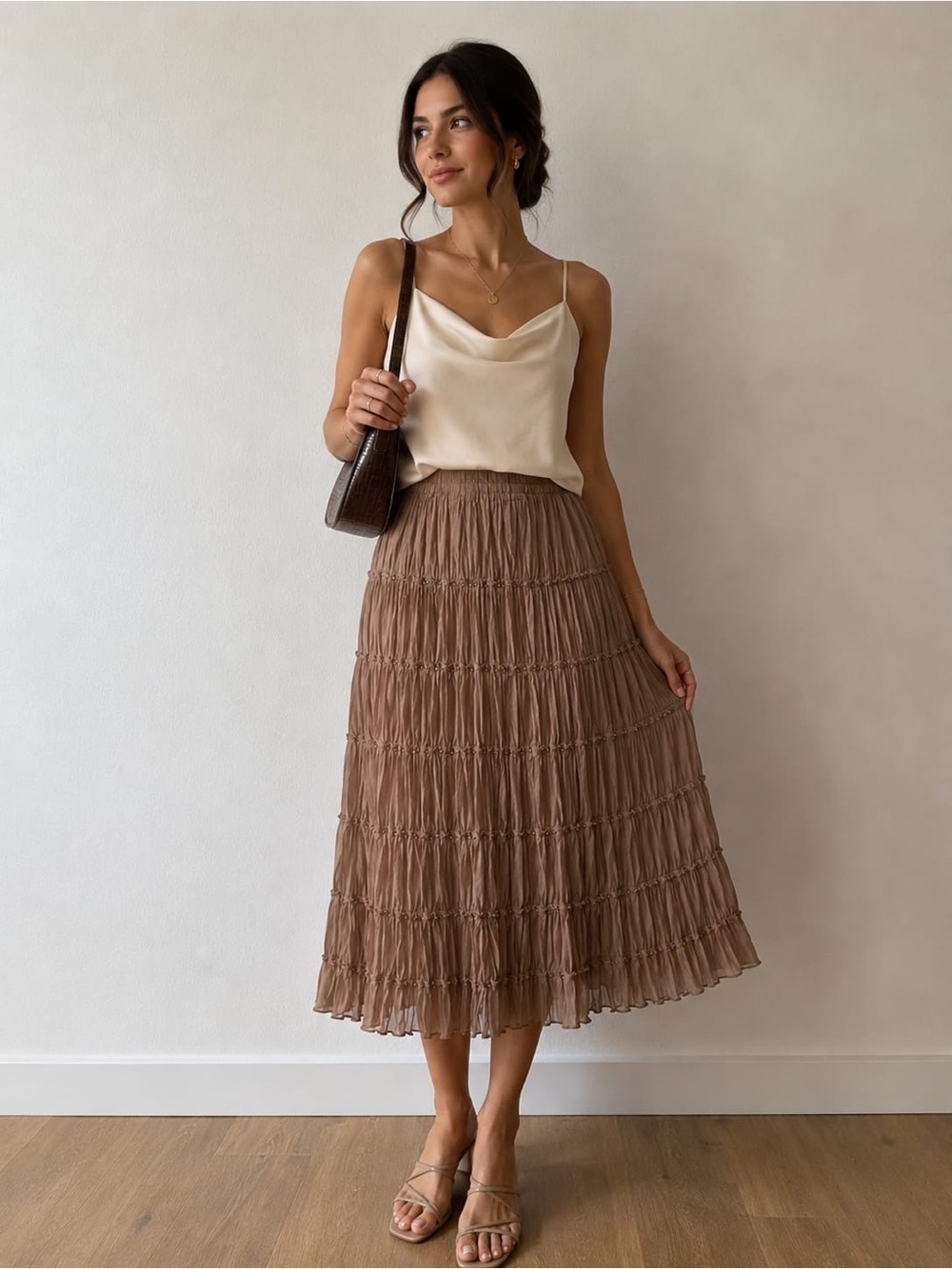 Allison Taylor Tiered Ruffle Skirt – Medium – Taupe Boho Romantic